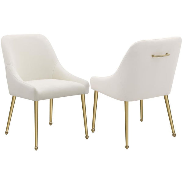 Cradle yourself in the embrace of opulence with this Italian style modern dining side chair, where comfort meets sophistication. Its plated metal legs, tapering into geometric spheres, create a foundation that-'s as sturdy as it is striking. The seat, a h
