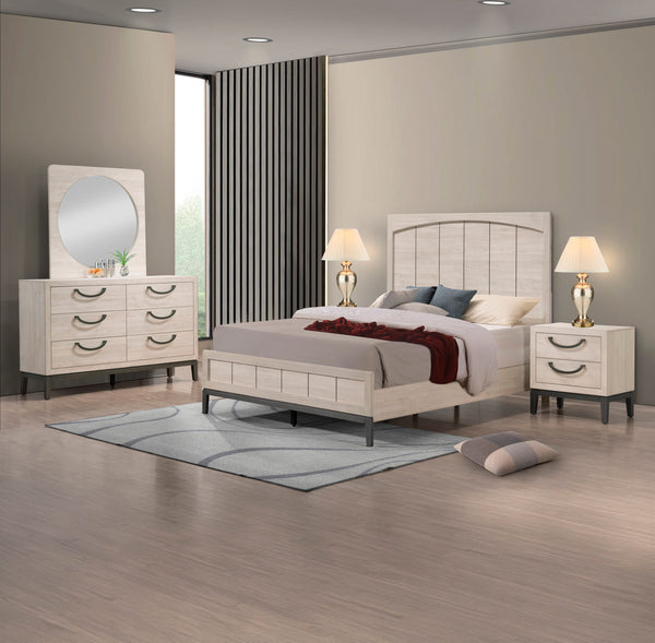 Experience the blend of minimalism and elegance with this chic bedroom ensemble. Crafted with a light and airy finish, it creates an inviting atmosphere while the sleek lines and subtle contrasts in color emphasize a modern aesthetic. Each piece showcases