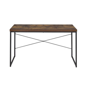  with its industrial looks and the mixing of black metal with weathered oak. The thicker wood top is supported by lighter scaled black metal lags and an stretcher which assures for a sturdy surface