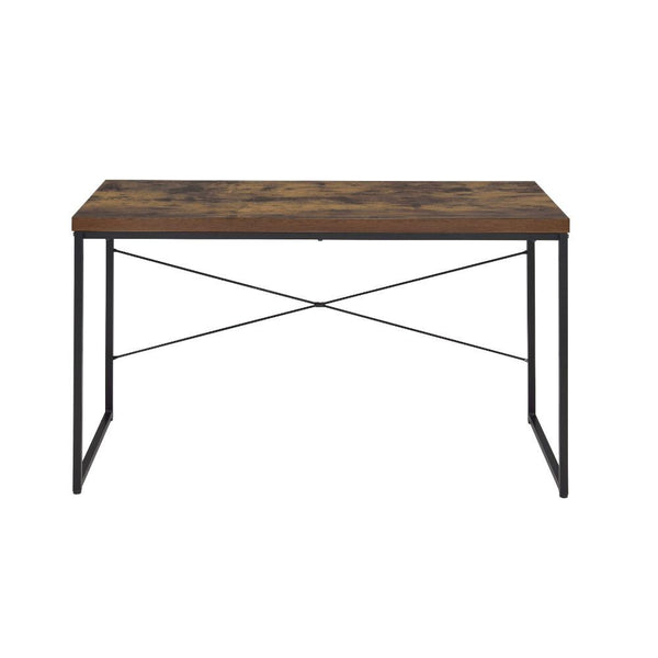  with its industrial looks and the mixing of black metal with weathered oak. The thicker wood top is supported by lighter scaled black metal lags and an stretcher which assures for a sturdy surface