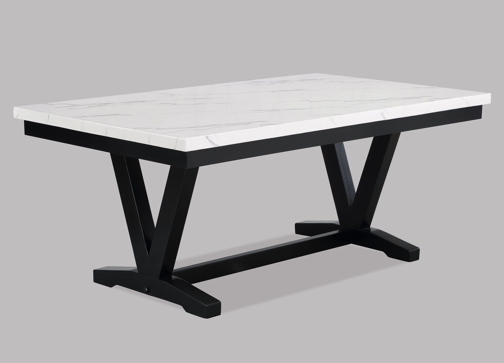 Introducing a harmonious blend of modern sophistication and classic elegance. This dining set showcases a refined faux marble tabletop supported by a distinctively designed black trestle base, creating a striking contrast. Accompanied by sleek chairs, acc