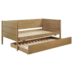 The transitional-style panel daybed with trundle features a natural brown finish that highlights its rustic charm and versatile appeal. Constructed from pine wood, plywood, MDF, and pine veneer, this piece combines durability with timeless design. The nat