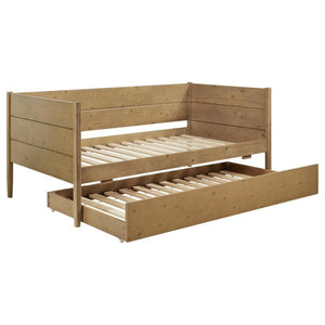 The transitional-style panel daybed with trundle features a natural brown finish that highlights its rustic charm and versatile appeal. Constructed from pine wood, plywood, MDF, and pine veneer, this piece combines durability with timeless design. The nat