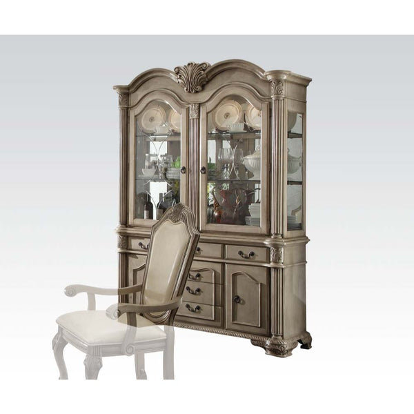 Hutch & Buffet Hutch with Touch Light Function Hutch Storage: 2 Glass Doors with 2 Glass Shelves Inside (Back Mirror Panel) Buffet Storage: 5 Drawers, 2 Wood Doors Buffet Drawer: Center Metal GLIDE Drawer , Felt Lined Top Drawer Collection Chateau de Vill