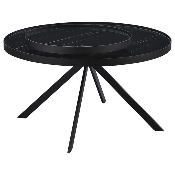 Briggs - Round Marble Printed Glass Top Coffee Table - Black