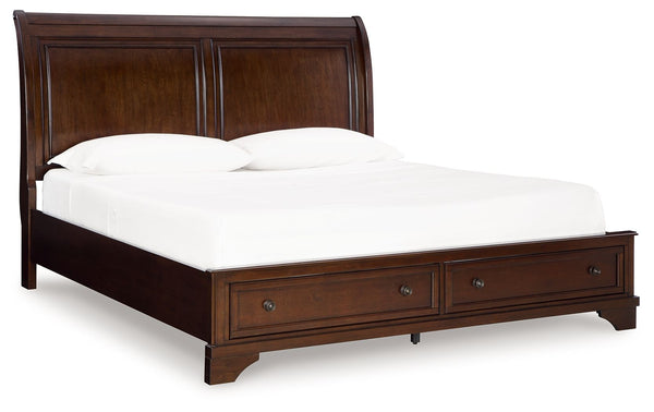 This queen sleigh storage bed has a timeless look and traditional design that dresses up your bedroom. Its warm brown cherry finish adds a casual classic aesthetic, with the double-framed panels on the sleigh headboard complemented by a chic storage footb