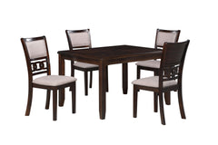 Upgrade your dining area with the New Classic Furniture Gia 5-Piece Wood Rectangle Dining Set, a perfect combination of durability and timeless beauty. Crafted from solid Rubberwood and Mindi veneers, this set is built to last. The traditional brown cherr