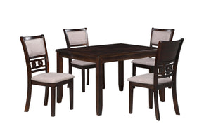 Upgrade your dining area with the New Classic Furniture Gia 5-Piece Wood Rectangle Dining Set, a perfect combination of durability and timeless beauty. Crafted from solid Rubberwood and Mindi veneers, this set is built to last. The traditional brown cherr