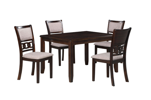 Upgrade your dining area with the New Classic Furniture Gia 5-Piece Wood Rectangle Dining Set, a perfect combination of durability and timeless beauty. Crafted from solid Rubberwood and Mindi veneers, this set is built to last. The traditional brown cherr