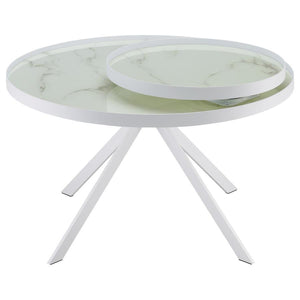 Briggs - Round Marble Printed Glass Top Coffee Table - White