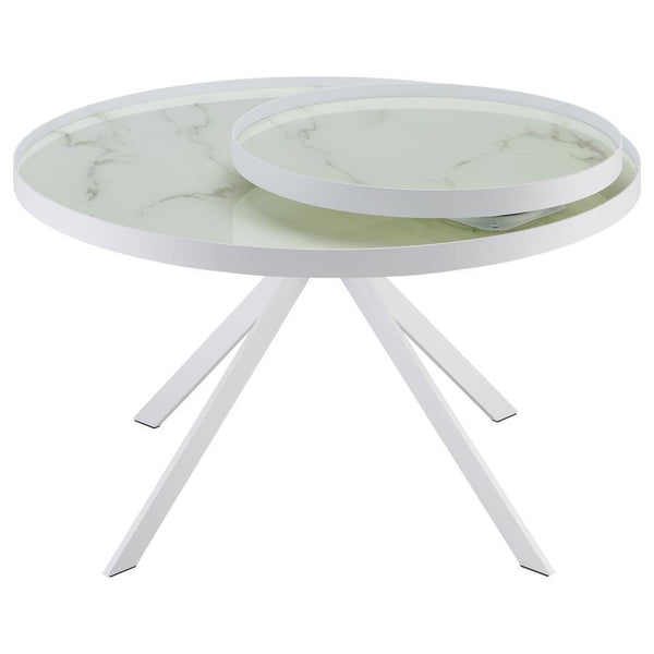 Briggs - Round Marble Printed Glass Top Coffee Table - White