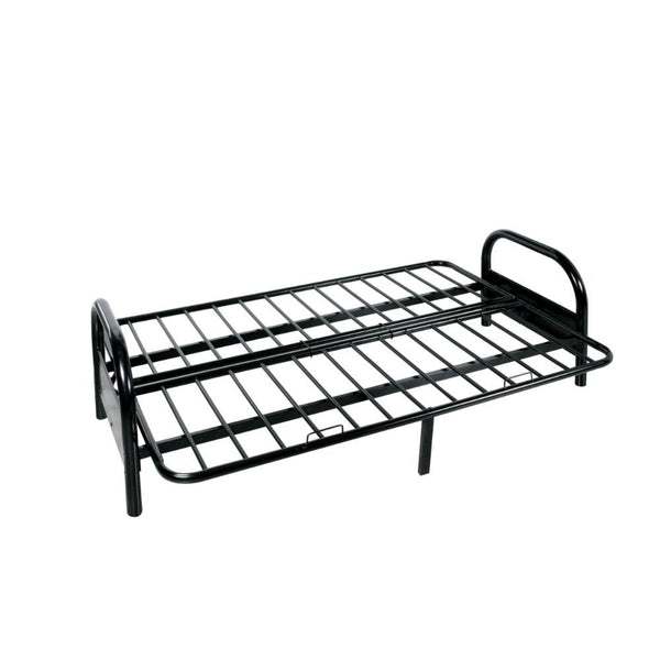  its smooth black finish matches well with any color. This frame is convertible from L shape seating to lay flat positio