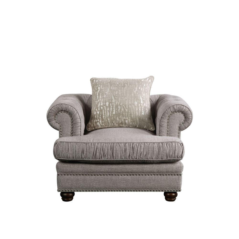 KD Leg, w/1 Pillow â€¢ Features: Button Tufted (Back, Arms), Nailhead Trim (Arms & Base), Pillows w/Down Feather Filling â€¢ Tight Back & Loose Seat Cushion (1+1) â€¢â€¢ CONSTRUCTION â€¢â€¢ SEAT: Down Feather & Foam Fill, Frame Solid Wood, Seat Cushion: W