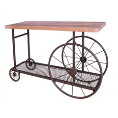 Get on board with the industrial style movement with the Francie occasional tables, it confirms you are hip by having this fun table in your living room. This table features a butcher block top and metal mesh lower shelf supported by wheels in the form of