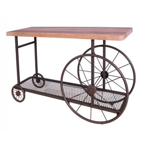 Get on board with the industrial style movement with the Francie occasional tables, it confirms you are hip by having this fun table in your living room. This table features a butcher block top and metal mesh lower shelf supported by wheels in the form of