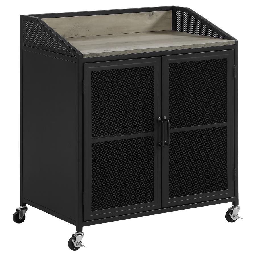 This industrial style wine cabinet offers ample space for keeping favorite vintages, corkscrews and accessories. Designed with a sandy black powder coated finish over a durable steel frame, this functional wine cabinet can be placed in a modern farmhouse 