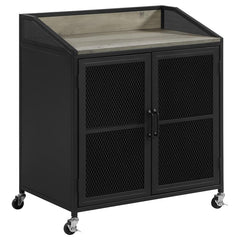 This industrial style wine cabinet offers ample space for keeping favorite vintages, corkscrews and accessories. Designed with a sandy black powder coated finish over a durable steel frame, this functional wine cabinet can be placed in a modern farmhouse 