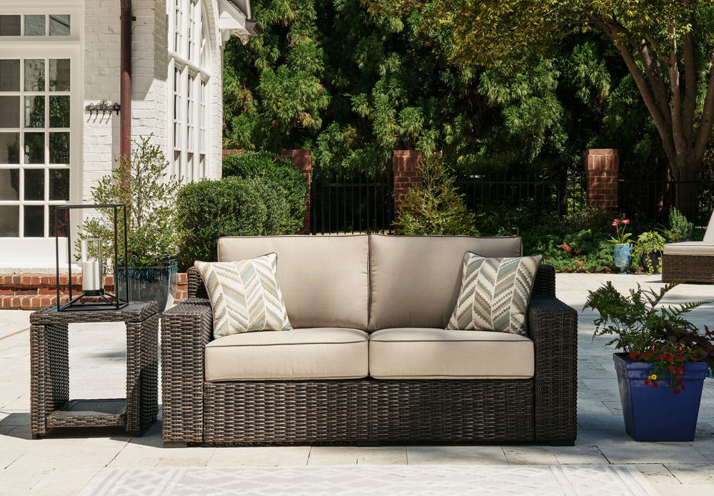 Who says the great outdoors isnâ€™t made for luxury living? This loveseat with cushion offers all the high-end design, plush comfort and durability you could ask for, and then some. Its all-weather, rust-proof aluminum frame provides the easy-breezy wicke
