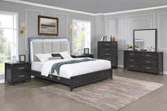 Experience the epitome of sophistication with the Odessa 5-Piece Bedroom Set. This comprehensive ensemble includes a beautifully illuminated bed, a six-drawer dresser, a mirror, a two-drawer nightstand, and a five-drawer chest, all in a captivating charco