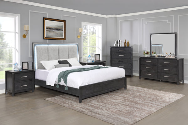 Experience the epitome of sophistication with the Odessa 5-Piece Bedroom Set. This comprehensive ensemble includes a beautifully illuminated bed, a six-drawer dresser, a mirror, a two-drawer nightstand, and a five-drawer chest, all in a captivating charco