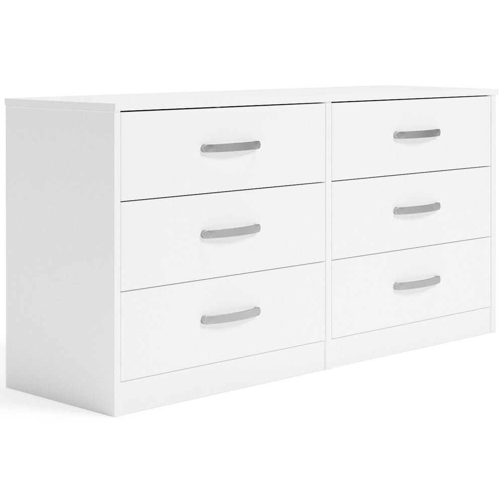 This dresser has simple lines and contemporary styling, allowing it to blend seamlessly with any decor. Six spacious drawers slide easily on metal ball bearings and can be used to keep your clothes neat and organized. Sleek metal pulls in a brushed nickel