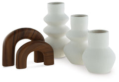 An eclectic mix of mod forms with faux wood and white finishes, this accessory set is a simply riveting ensemble. Its casual style is part classic, part contemporary and totally cool. Stage the pieces together for maximum impact, or spread them across you
