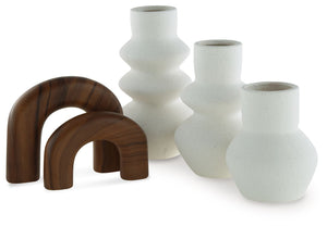 An eclectic mix of mod forms with faux wood and white finishes, this accessory set is a simply riveting ensemble. Its casual style is part classic, part contemporary and totally cool. Stage the pieces together for maximum impact, or spread them across you