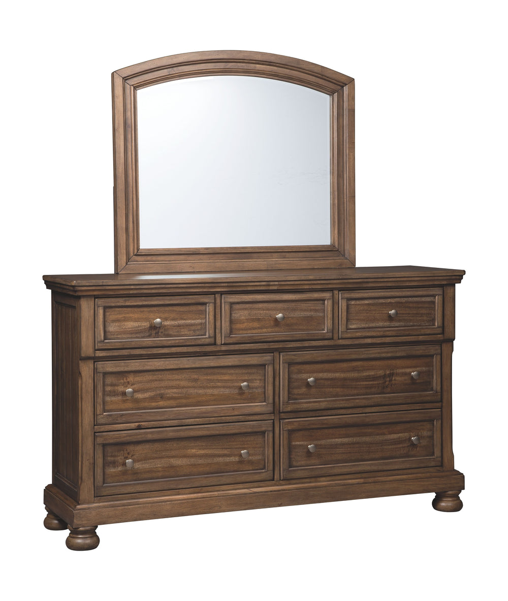 A fresh, new take on traditional style. This dresser with mirror meets todayâ€™s design tastes with beauty and grace. Its tobacco brown finish allows the natural grain of the acacia veneers to show through in an organic way. Aged brass-tone knobs dress th