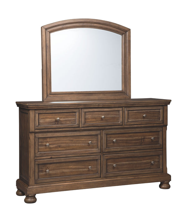  new take on traditional style. This dresser with mirror meets todayâ€™s design tastes with beauty and grace. Its tobacco brown finish allows the natural grain of the acacia veneers to show through in an organic way. Aged brass-tone knobs dress th