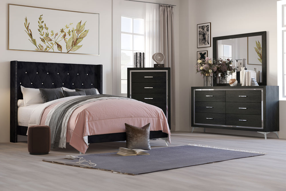 The Huxley 4-Piece Bedroom Set in Black is a perfect blend of contemporary glam and durable construction. This set includes a headboard, footboard, two side rails, slat kit, a 6-drawer dresser, a mirror, and a 5-drawer chest. Each piece is crafted from ma