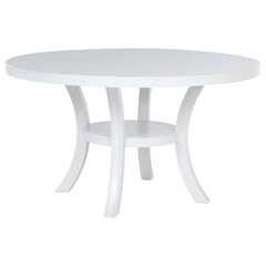 Freshen up your breakfast nook with the clean, modern presentation of a round dining table. It-'s a simple, engaging look that features a roomy round tabletop and a cool white finish. The table boasts a square edge and stands on flared legs unified with a