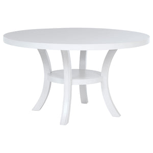 Freshen up your breakfast nook with the clean, modern presentation of a round dining table. It-'s a simple, engaging look that features a roomy round tabletop and a cool white finish. The table boasts a square edge and stands on flared legs unified with a