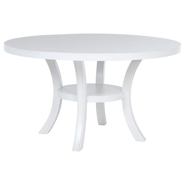 Freshen up your breakfast nook with the clean, modern presentation of a round dining table. It-'s a simple, engaging look that features a roomy round tabletop and a cool white finish. The table boasts a square edge and stands on flared legs unified with a