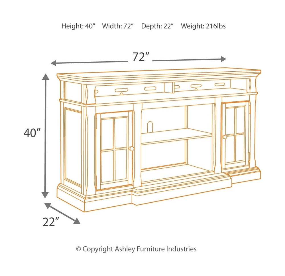 The beauty of this TV stand will immediately engage you. The slight breakfront shape is a rare find and an ideal fit among traditional and eclectic tastes. Soft black undertones highlight the warm finish. Multiple cubbies and glass-door enclosed shelves o