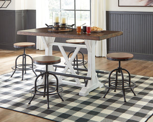  this counter height dining table serves up the best in rustic farmhouse living. Its two-tone finish pairs a brown tabletop with a distressed vintage white base for a double helping of charm. Black metal foot rests a
