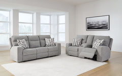 If style is the question, then this power reclining set is the answer. Its clean-lined profile is beautifully contemporary. High-performance fabric and plump cushioning make it so easy to comfortably kick up your heels. The adjustable Easy Viewâ„¢ headres