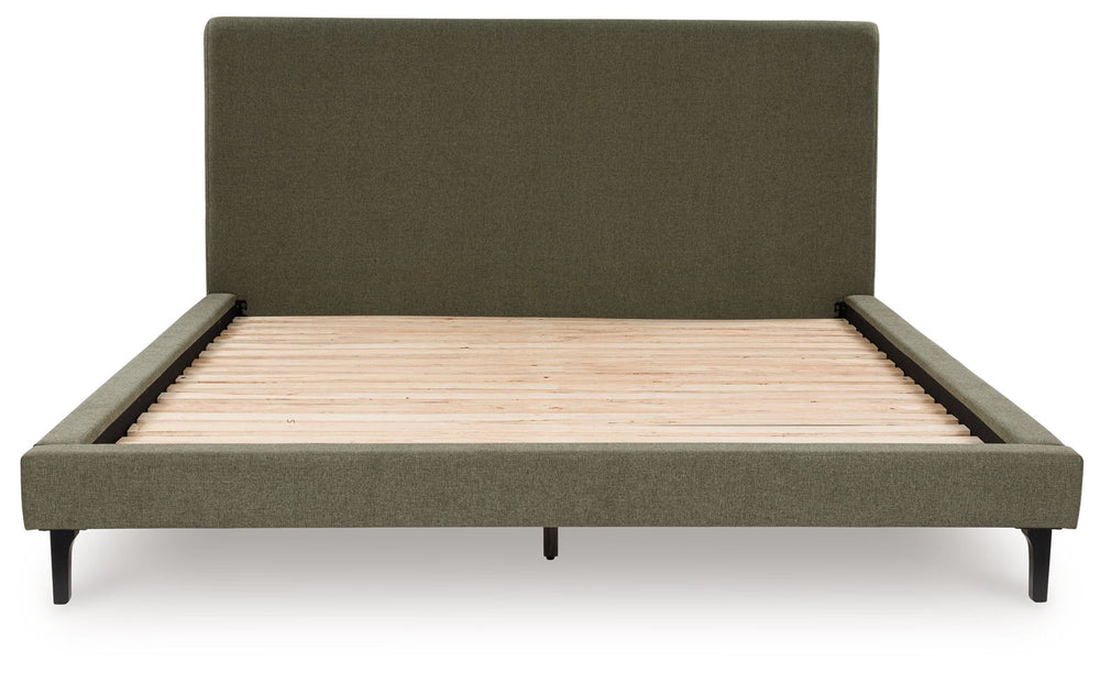 Nostalgic style, retooled for todayâ€™s trends. This California king upholstered bed puts an elevated twist on mod aesthetics. Its chic sage green hue reflects the mid-century vibes you love, while the low profile incorporates contemporary motifs. Roll sl
