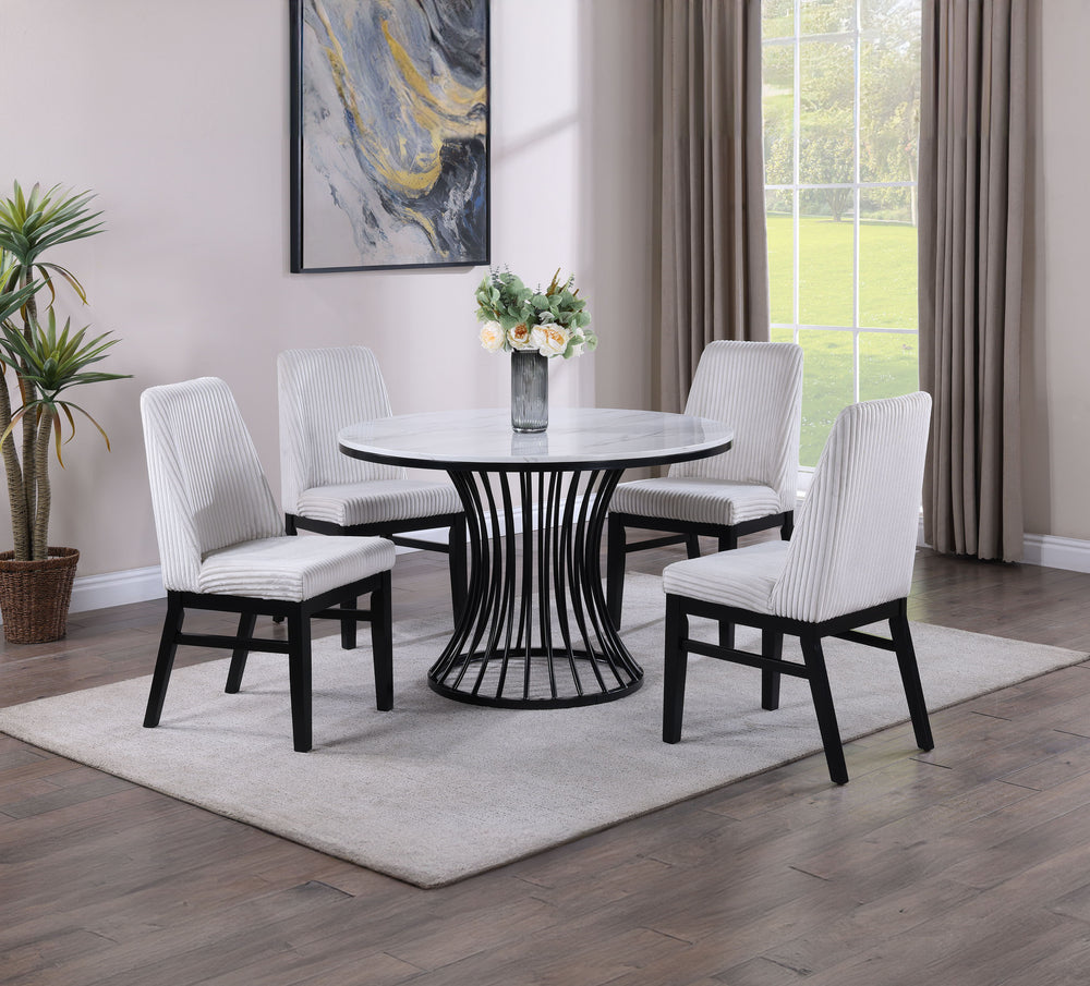 This dining set is a sophisticated blend of contemporary design and artistic flair, ideal for modern homes seeking a touch of elegance. The set features a sleek, round table with a faux marble top that is both beautiful and easy to care for. The table-'s 