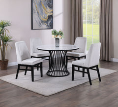 This dining set is a sophisticated blend of contemporary design and artistic flair, ideal for modern homes seeking a touch of elegance. The set features a sleek, round table with a faux marble top that is both beautiful and easy to care for. The table-'s 