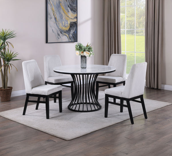 This dining set is a sophisticated blend of contemporary design and artistic flair, ideal for modern homes seeking a touch of elegance. The set features a sleek, round table with a faux marble top that is both beautiful and easy to care for. The table-'s 