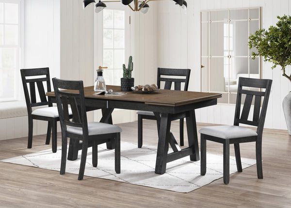 Transform your dining space with this stunning blend of rustic charm and modern elegance. Featuring a rich two-tone finish, the dual draw leaf tabletop beautifully contrasts with the deep, bold base, creating a striking yet inviting aesthetic. The trestle