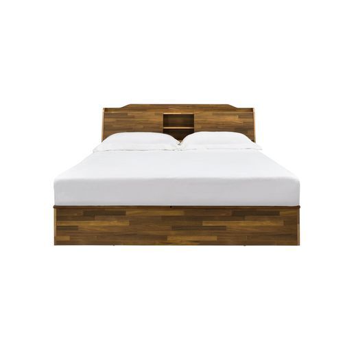 Crafted from the finest woods and veneers, the Hestia collection embodies midcentury charm. The bed not only offers style but also a great place to rest. The headboard features open storage compartments for display and two closed-off compartments for thos