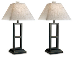 Open-ended style. This table lamp offers a strong linear design, with a rustic metal base softened by the textural waves of a chic linen-look shade. We love how the center cutouts keep these table lamps so light and airy.<br><br><b>Additional Dimensions</