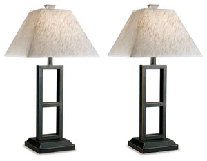 Open-ended style. This table lamp offers a strong linear design, with a rustic metal base softened by the textural waves of a chic linen-look shade. We love how the center cutouts keep these table lamps so light and airy.<br><br><b>Additional Dimensions</