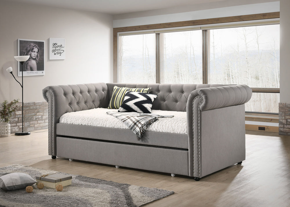 Ellie-Daybed-Gray<h4><b>Ellie - Twin Daybed Arm, Slat, Side Rail - Dove</b></h4> <table width="100%"><colgroup><col style="width: 30%"> <col style="width: 70%"> </colgroup> <tbody> <tr> <td>Dimensions</td> <td> 96.06"L x 43.50"D x 37.20"H</td> </tr> <tr> 