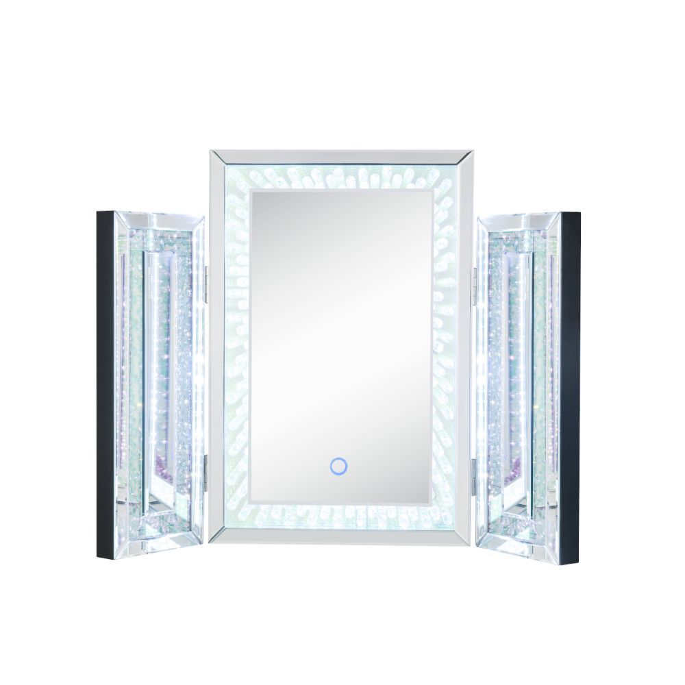 Display your dazzling sense of style by topping your vanity with the Nysa tri-fold mirror. This trifold mirror features a beveled mirrored frame with faux crystal inlay and LED lighting. Each piece is hinged, allowing you to adjust the position of the sid
