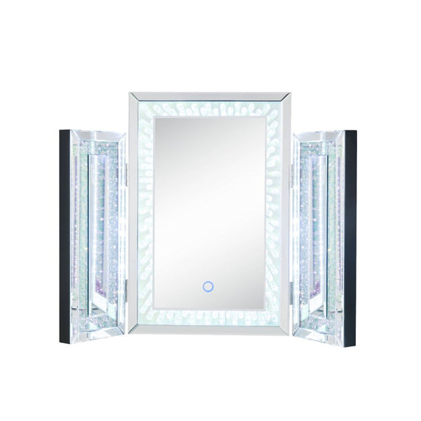 Display your dazzling sense of style by topping your vanity with the Nysa tri-fold mirror. This trifold mirror features a beveled mirrored frame with faux crystal inlay and LED lighting. Each piece is hinged, allowing you to adjust the position of the sid