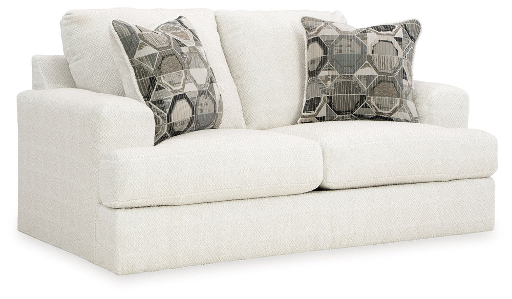 Craving casual refinement? This loveseat has you covered. Its decidedly contemporary frame cradles sizable cushions in an ultra-soft neutral hue, lightening the mood in your living room with simple style and everyday comfort. Solid and geometric accent pi