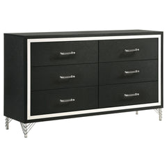 Accentuate surrounding decor with the sophistication of a modern six-drawer dresser. Designed for ample storage, it features a refined look with spacious drawers ideal for everything from clothing to accessories and linens. Its bold black finish is crisp 