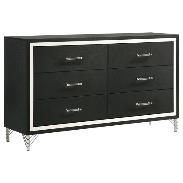Accentuate surrounding decor with the sophistication of a modern six-drawer dresser. Designed for ample storage, it features a refined look with spacious drawers ideal for everything from clothing to accessories and linens. Its bold black finish is crisp 